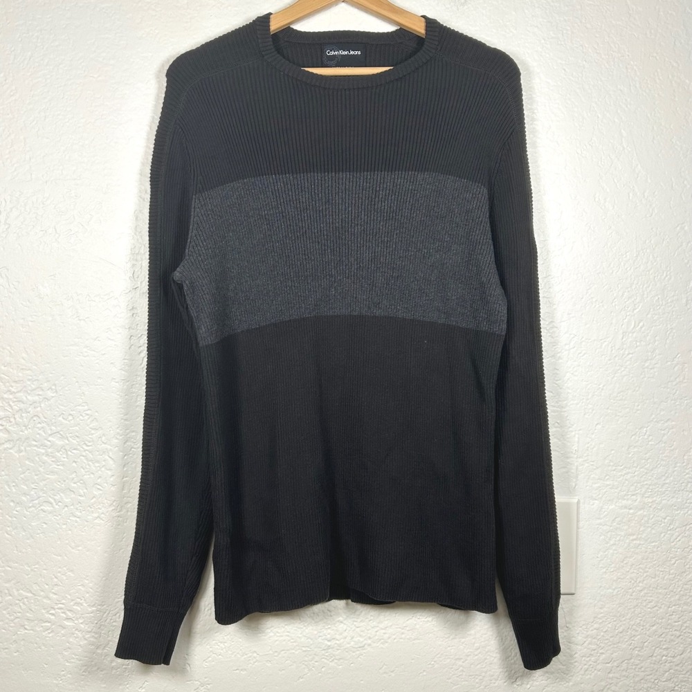 Calvin Klein Black Grey Sweater Ribbed Cotton Crewneck Colorblock Size M